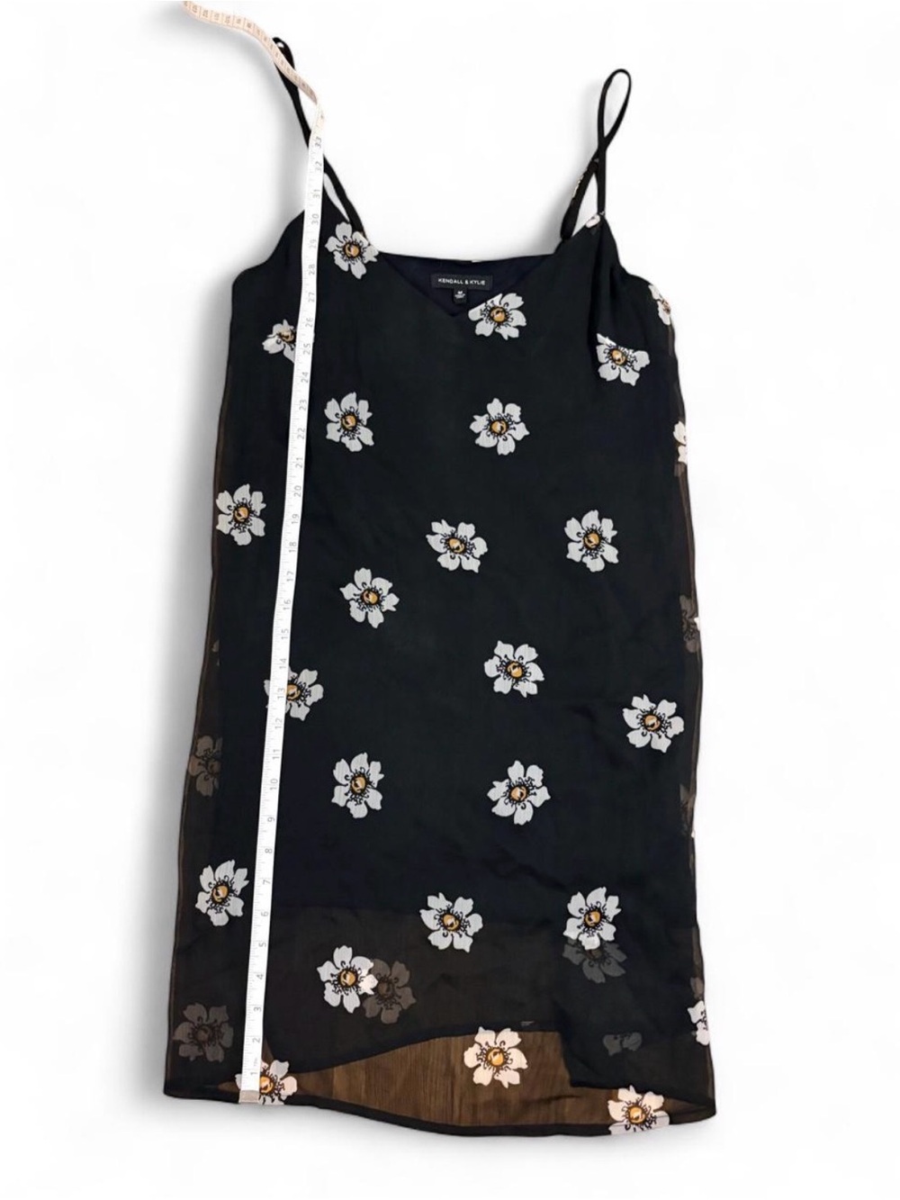 Kendall & Kylie Medium Black Floral Slip Dress Spaghetti Strap Sheer Lined Mini